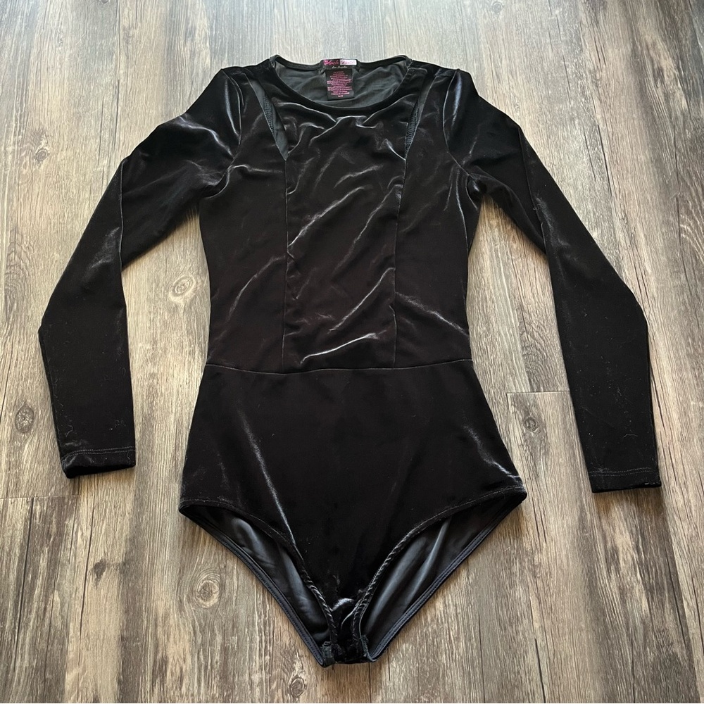 Black Note Black Velvet Long Sleeve Bodysuit with Mesh Back Sz M